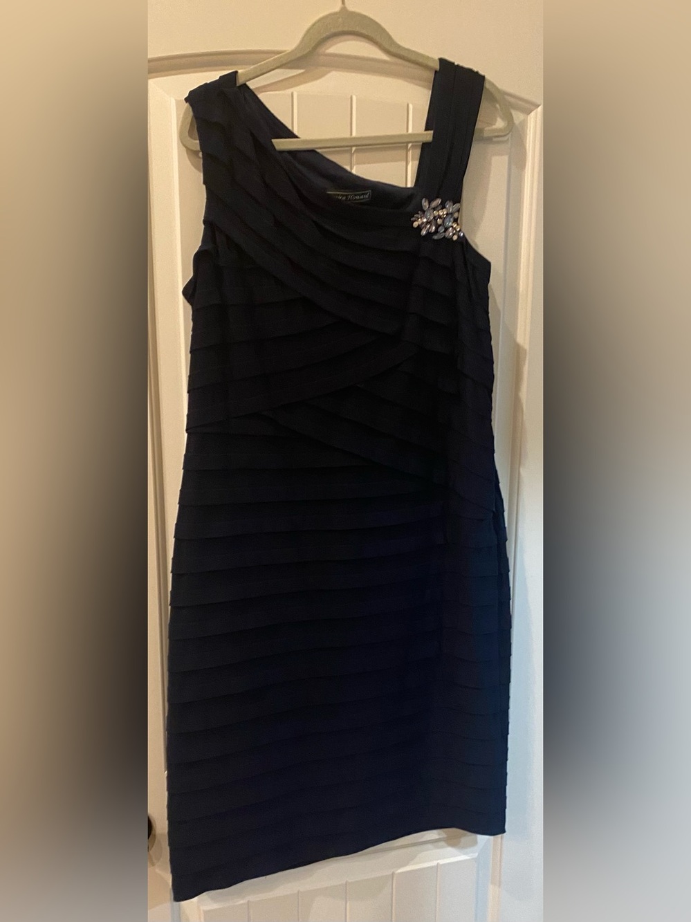 Vintage Jessica Howard Navy Layered Knee Length Dress w/Rhinestone Accent (14W)
